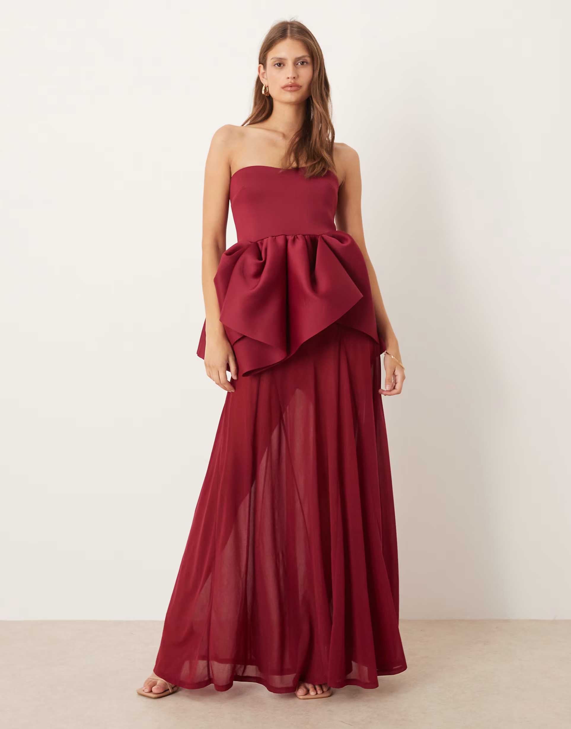 ASOS DESIGN bandeau with sheer skirt maxi dress in red in scuba-style fabric | ASOS (Global)