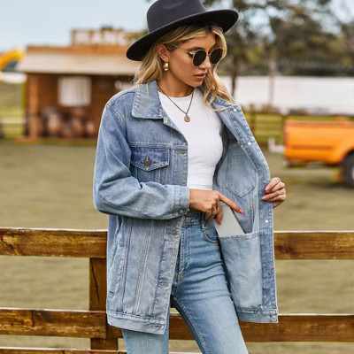 Women Denim Jackets Vintage Notch Collar Long Sleeve Relaxed Fit Button Front Coat with Pockets Light Blue L | Target