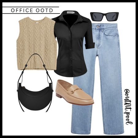 Workwear outfit, blue shirt, jeans, grey blazer, black loafers, black bag, spring outfit 

#LTKfindsunder100 #LTKworkwear #LTKstyletip