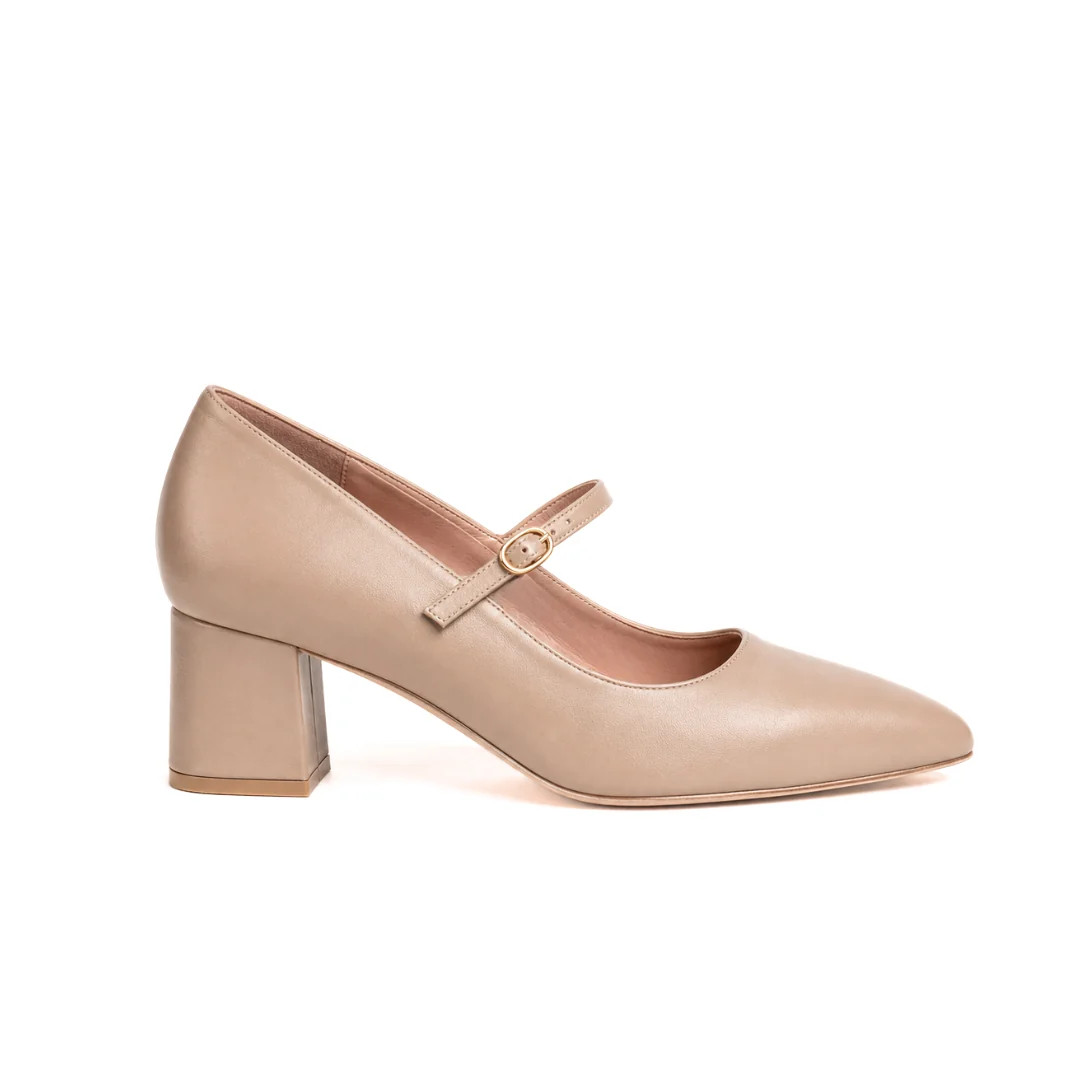 Bossy Beige Leather Mary Jane Lower Block Heel | ALLY Shoes