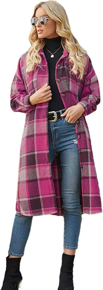 Women's Casual Lapel Button Down Long Plaid Shirt Coat Tartan Shacket Jacket | Amazon (US)