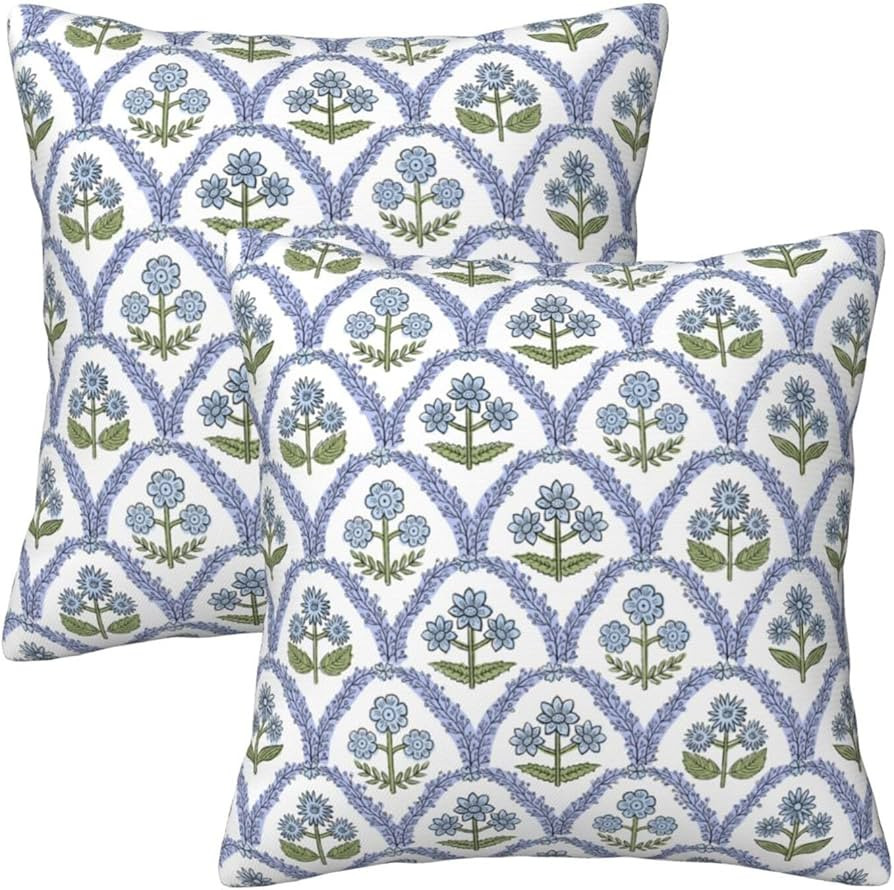 HOSTECCO Blue Floral Throw Pillow Covers 18x18 inch Set of 2 Vintage Block Print Pillow Cases Flo... | Amazon (US)