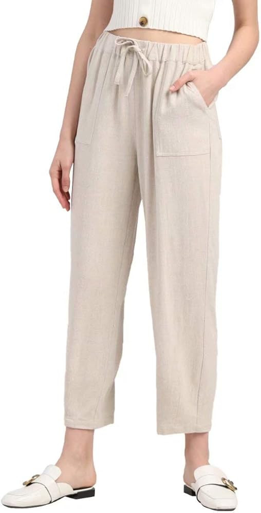 MEOMUA Women's Linen Cropped Pants Soft Cotton Drawstring Elastic Waist Pant S-5XL | Amazon (US)