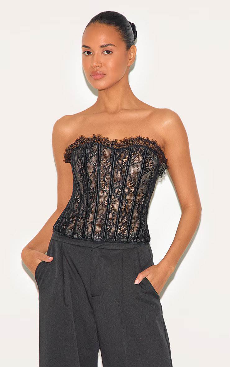Black Lace Boned Lace Up Back Corset | Pretty Little Thing (Australia & New Zealand)