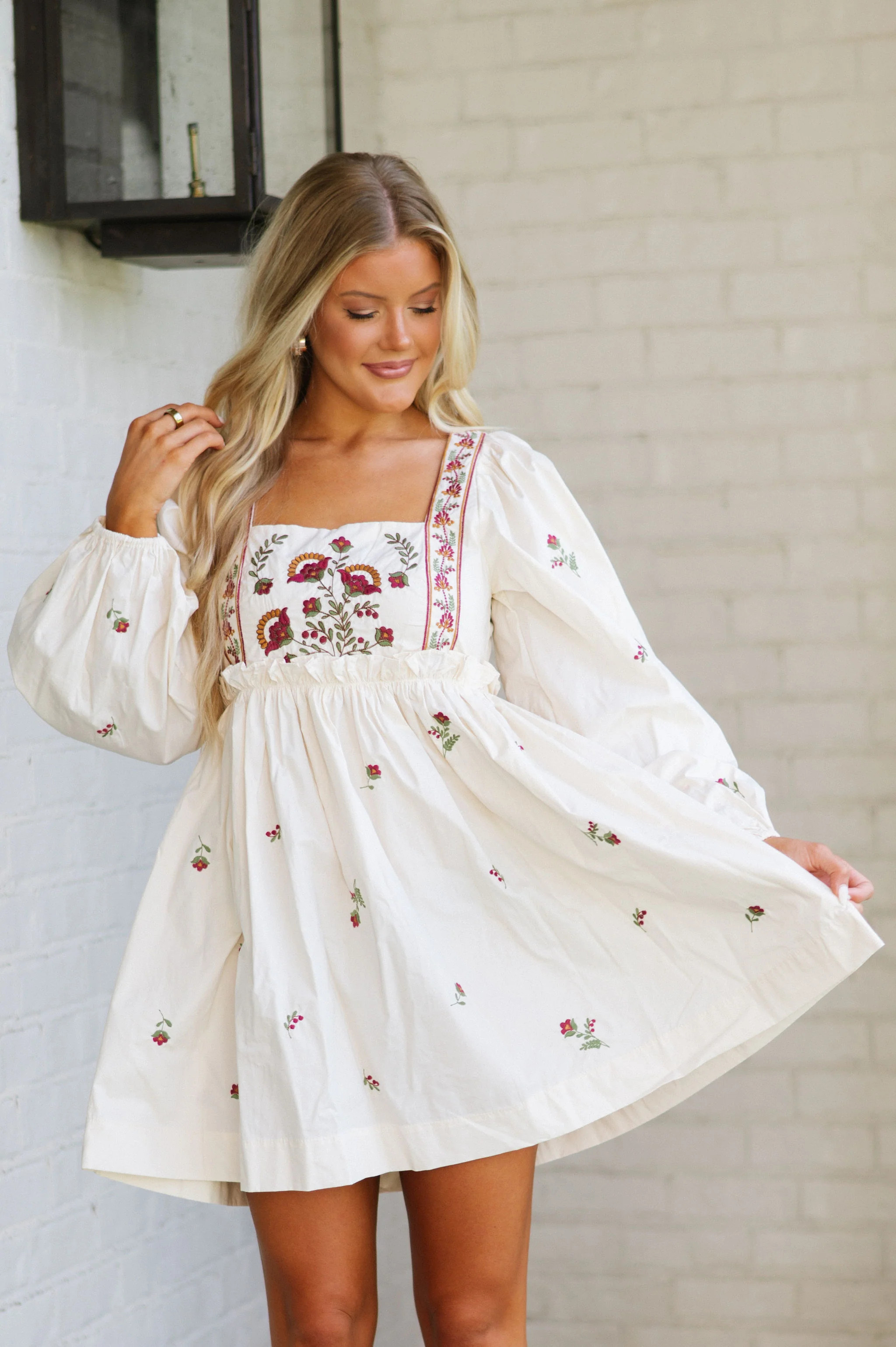 Poppi Embroidered Dress- Light Taupe | These Three