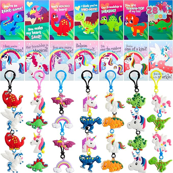 JOYIN 28 Pcs Valentine's Day Gift Cards with Unicorn Dinosaur Keychain for Kids Party Favor, Clas... | Amazon (US)