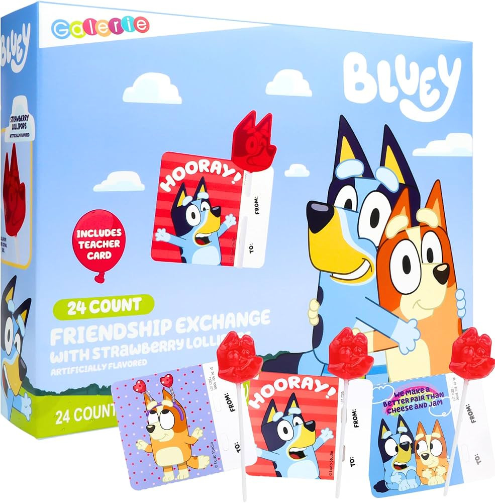 Bluey Classroom Valentine Exchange Kit, 24 Cards and Individually Wrapped Strawberry Suckers Incl... | Amazon (US)