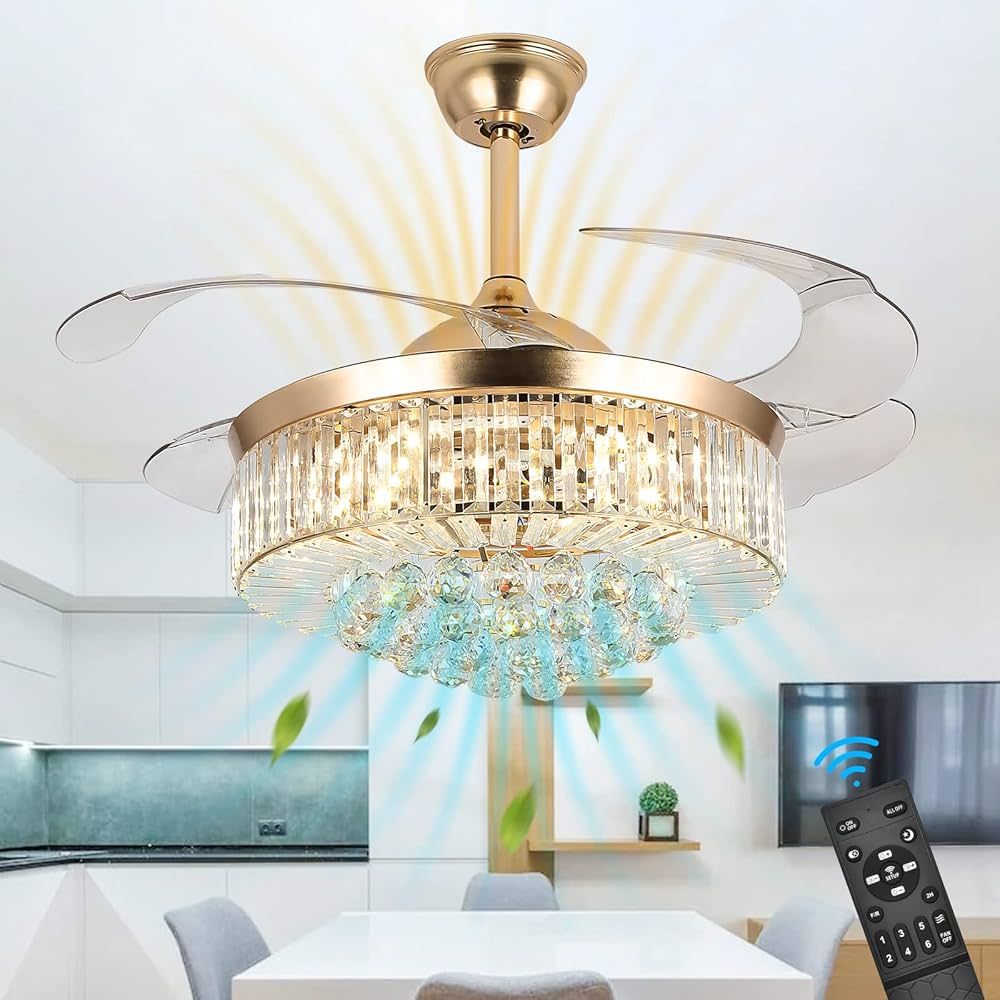 42 Inches Crystal Ceiling Fan Golden Modern Crystal Chandelier Ceiling Fan with Lights and Remote... | Amazon (US)