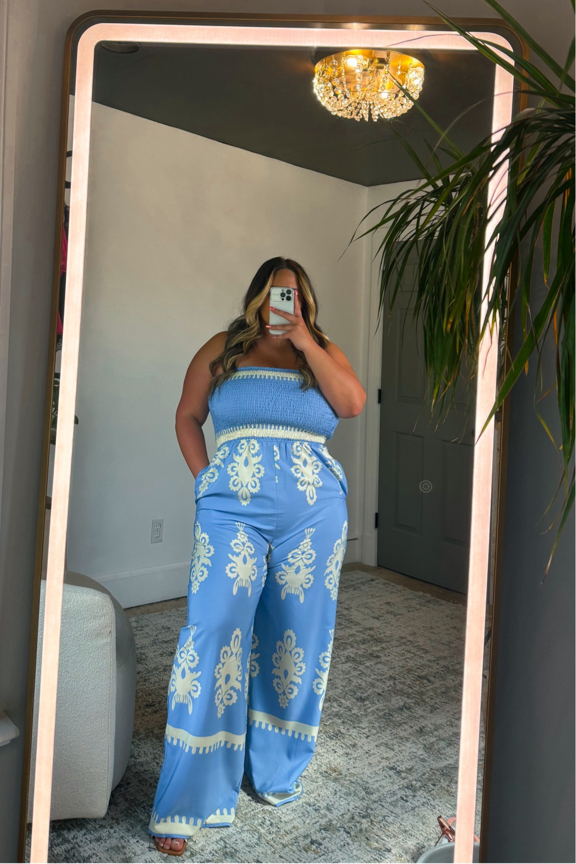 5’2” / size 14-16 / 38J 
Wearing an XXL, could have stuck to an XL! 

#jumpsuit #resortwear #vacationoutfits #summer #fullbust #ltkcurves #affordablefashion 