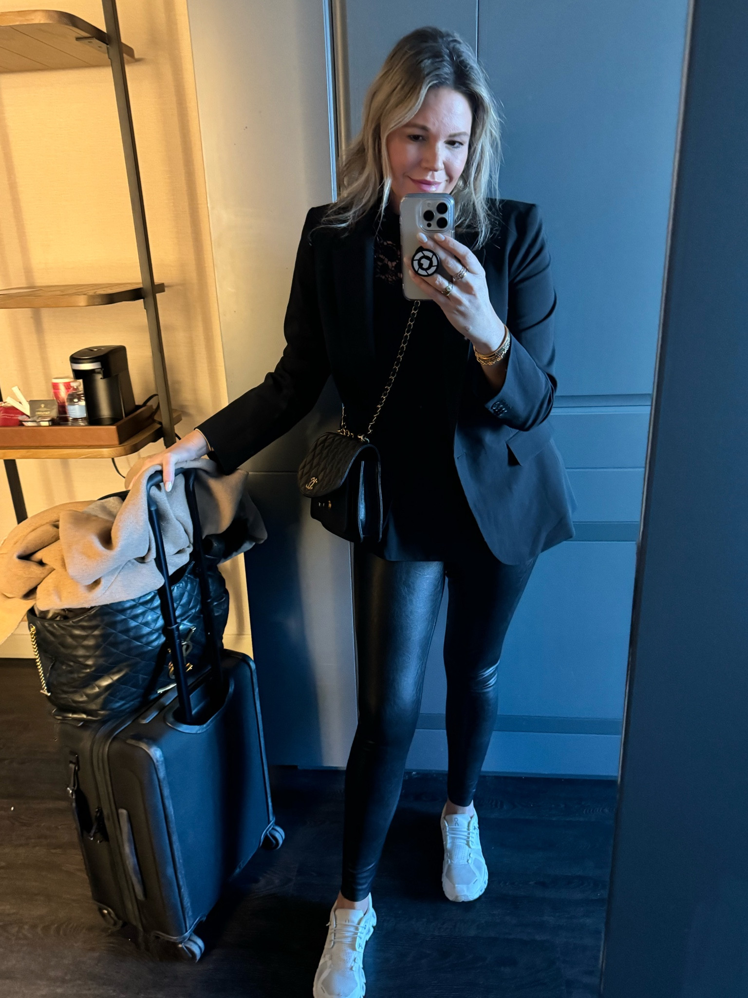 Office and travel look!  Favorite Commando faux leather legging and black blazer in repeat  

#LTKworkwear #LTKstyletip #LTKover40