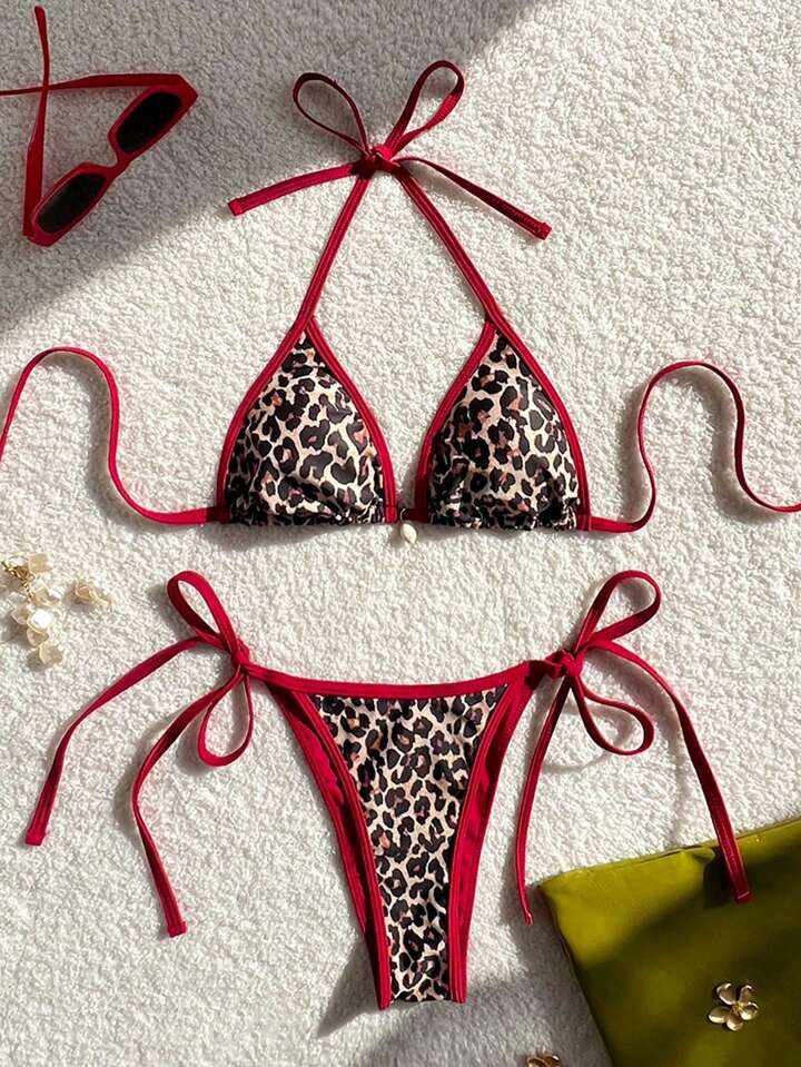 Swim Vcay Summer 2pcs Set New Spaghetti Strap Halter Leopard Print Multi-Color Shell Pendant Sexy... | SHEIN