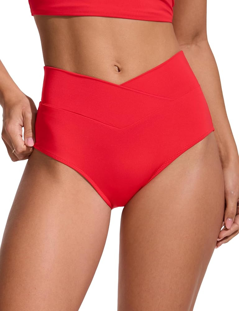 CRZ YOGA High Waisted V Cut Bikini Bottom for Women - Cross Front Bathing Swimsuit Full Coverage ... | Amazon (US)