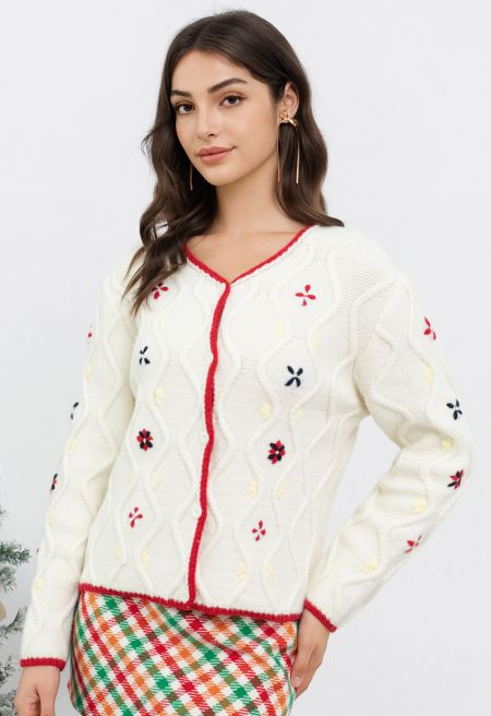 Contrast Edge Floral Stitch Wavy Knit Cardigan | Chicwish