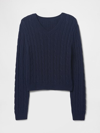 100% Cotton Cable-Knit V-Neck Sweater | Gap (US)
