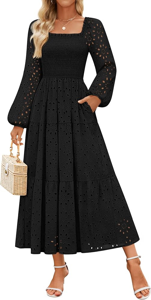 ZESICA Women's Fall Long Sleeve Maxi Dresses 2025 Square Neck Hollow Out Eyelet Smocked A Line Bo... | Amazon (US)