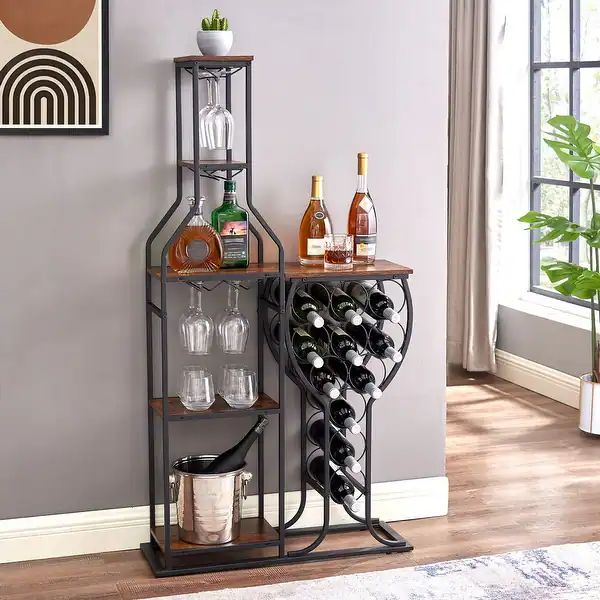 11-Bottle Rustic Brown Wine Rack 5 Tier Freestanding Wine Bakers Rack with Hanging Wine Glass Hol... | Bed Bath & Beyond