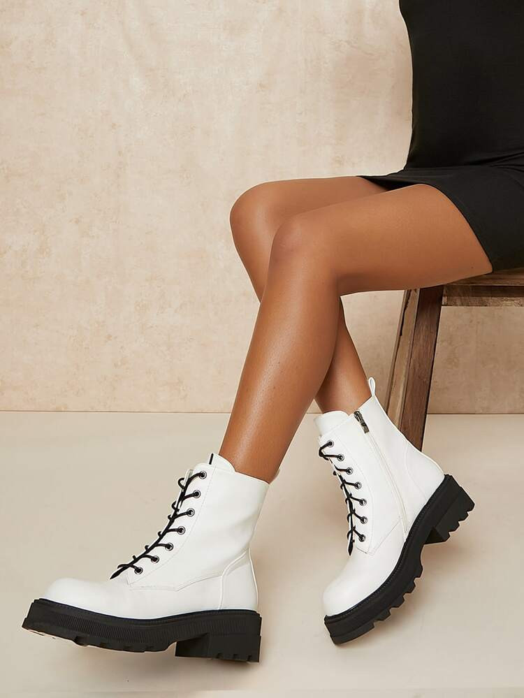 Vegan Leather Lace-Up Lug Platform Combat Boots | SHEIN