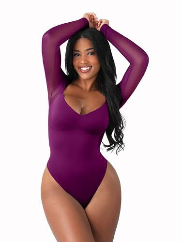 FeelinGirl Long Sleeve Bodysuit for Women - Purple Sexy Mesh V Neck Body Suits Thong Corset Top Going Out Outfits for Party, L | Amazon (US)