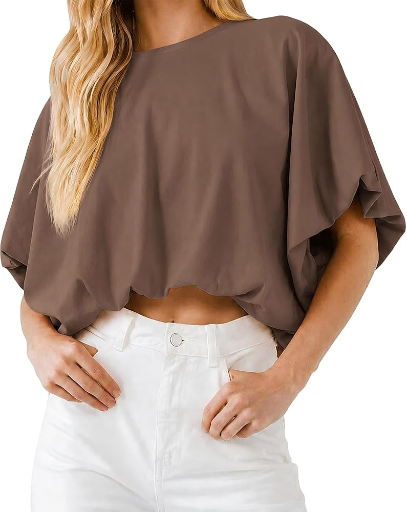 Women's Bubble Hem Crop Tops Summer Short Sleeve Crewneck Loose Fit Casual Cropped T Shirts Soft ... | Amazon (US)