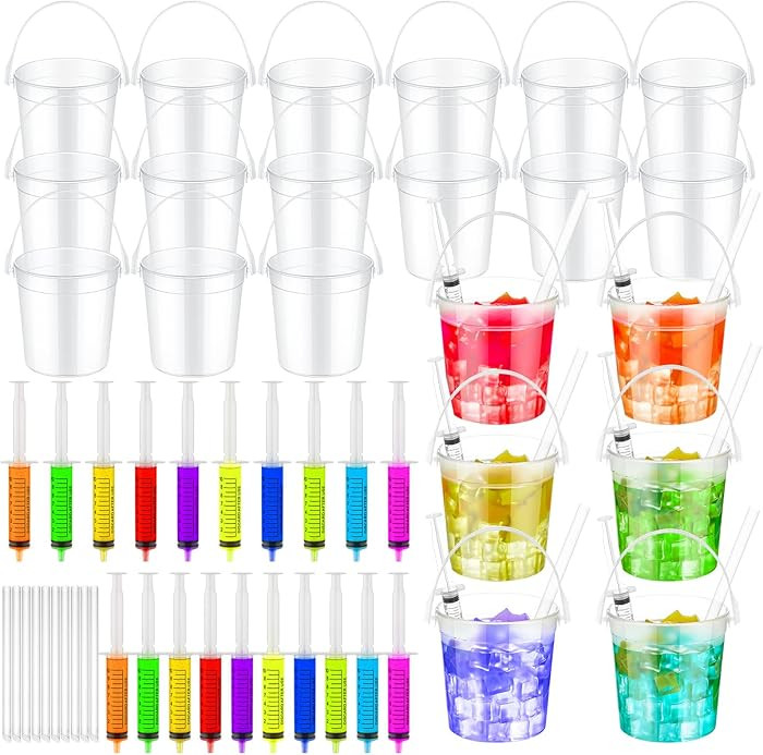 40 Set 32oz Clear Plastic Rum Buckets for Drink with Straws Christmas Plastic Buckets Bulk for Pa... | Amazon (US)