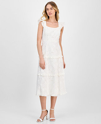 Anne Klein Women's Eyelet Square-Neck Tiered Midi Dress - Macy's | Macy's