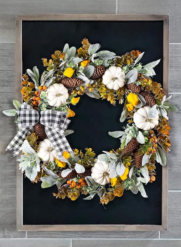Fall Decor for Home - Fall Wreaths for Front Door - 16 inch White Buffalo Check Autumn Pumpkin Wreat | Amazon (US)
