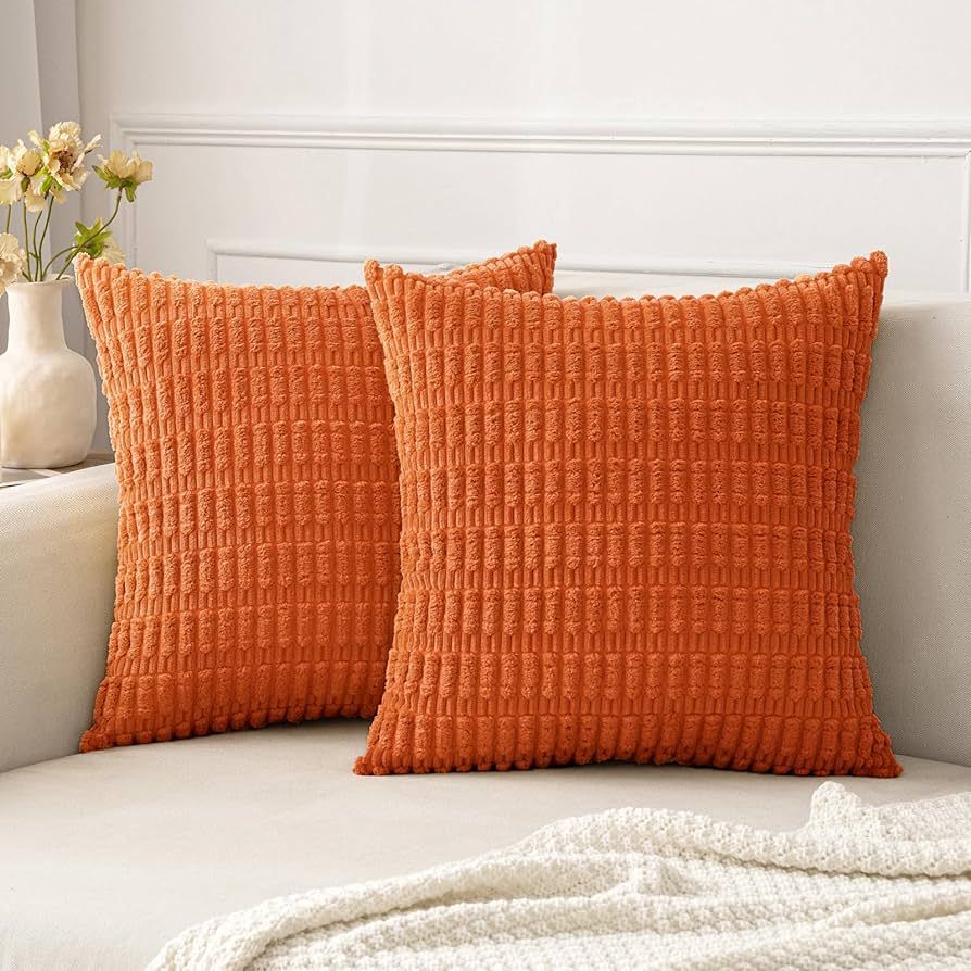 MIULEE Pack of 2 Decorative Fall Orange Throw Pillow Covers 18x18 Inch Soft Boho Striped Corduroy... | Amazon (US)