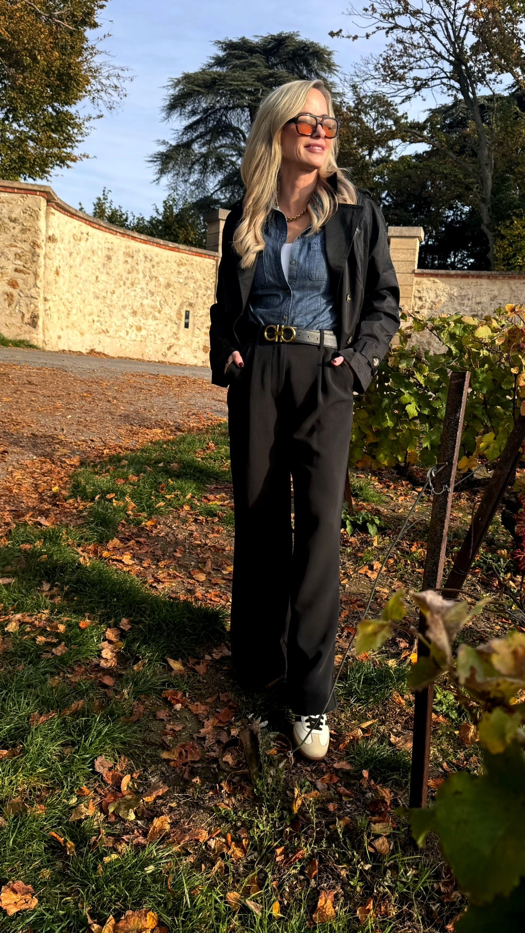 Champagne tasting chic 🍾✨
Styled my fall favorite combo — a denim shirt layered under a lightweight jacket with tailored trousers and sneakers for a polished yet relaxed vineyard look. Perfect for travel days or casual outings that still feel elevated. 🤍

Shop the look — denim shirt, wide-leg trousers, designer belt, and sneakers linked on LTK! 

#LTKTravel #LTKOver40 #LTKStyleTip