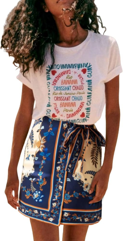 Womens Summer Floral Wrap Short Skirt Tie Side High Waist A Line Beach Vacation Boho Mini Skirt | Amazon (US)