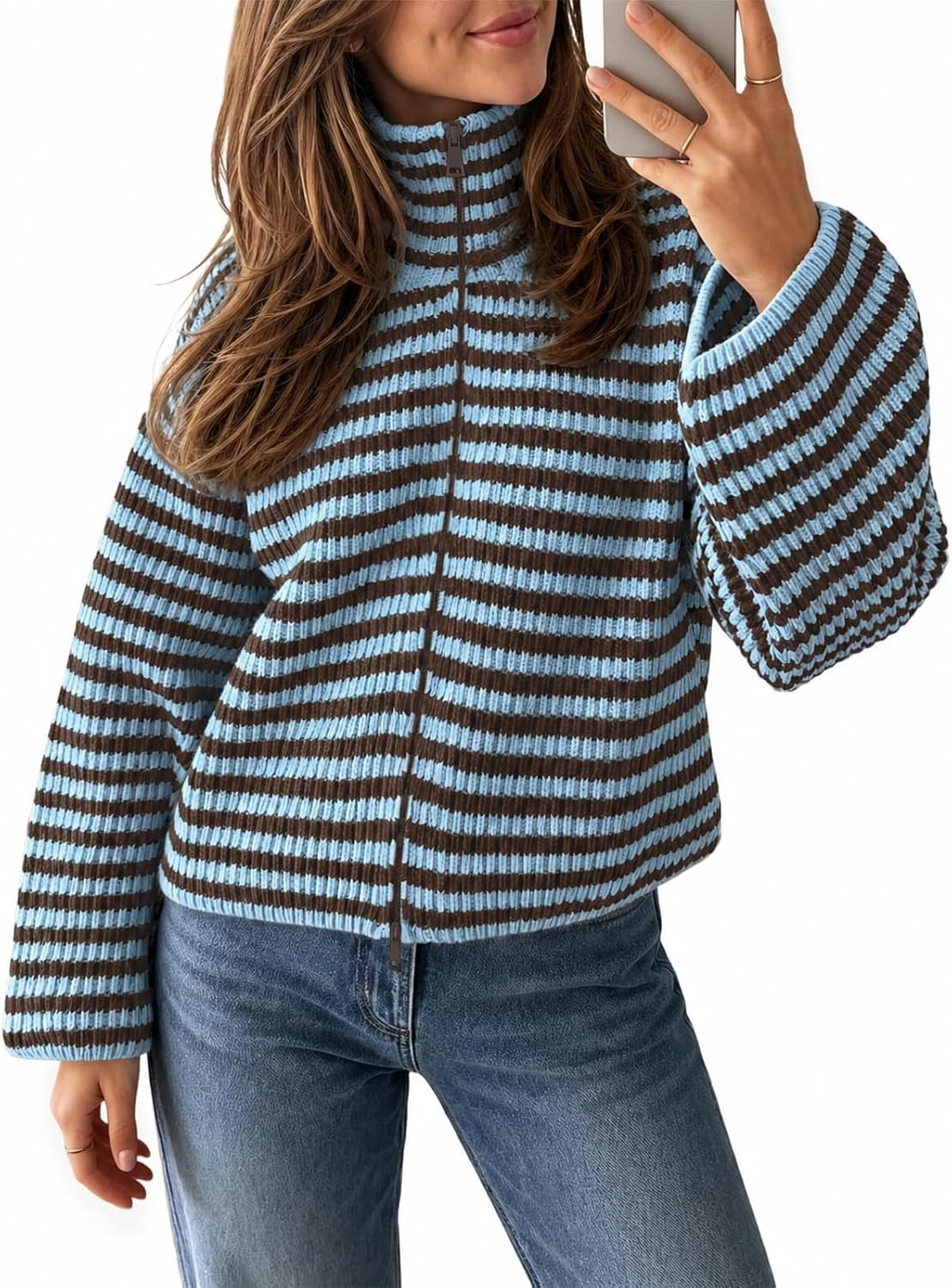 Saodimallsu Womens Striped Zip Up Sweaters Mock Neck 2026 Fall Trendy Casual Long Sleeve Loose Fit Knit Cardigan Tops | Amazon (US)