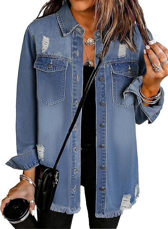 Oversized Jean Jacket For Women Casual Long Sleeve Button Denim Shirts Distressed Denim Jackets S... | Amazon (US)