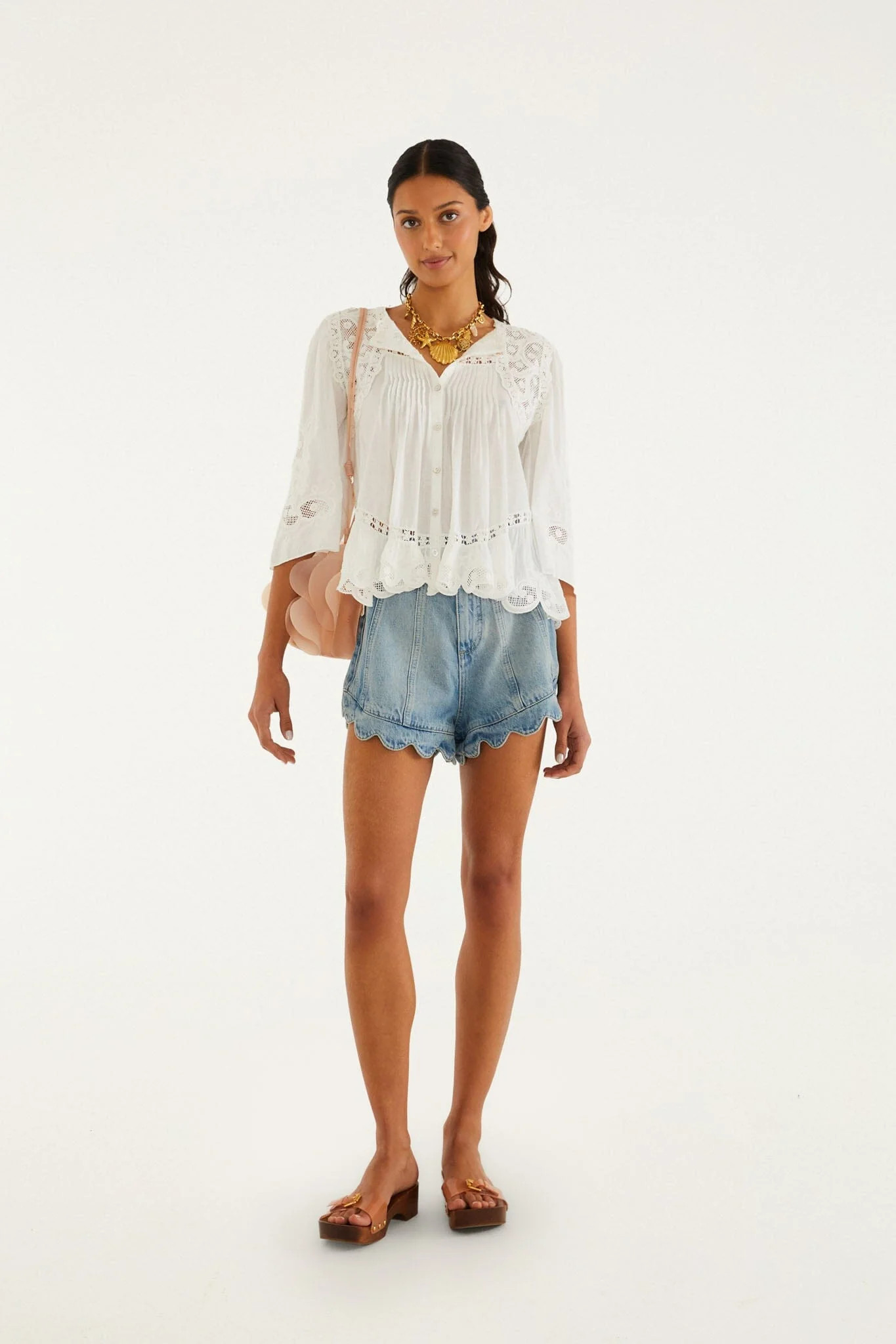 Light Denim Romantic Wavy Hem Shorts, DENIM / 27 | FarmRio (US)