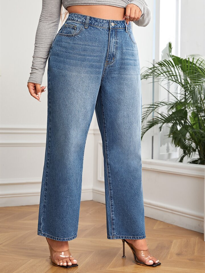 Plus High Waist Cat Whisker Flap Pocket Straight Leg Jeans | SHEIN