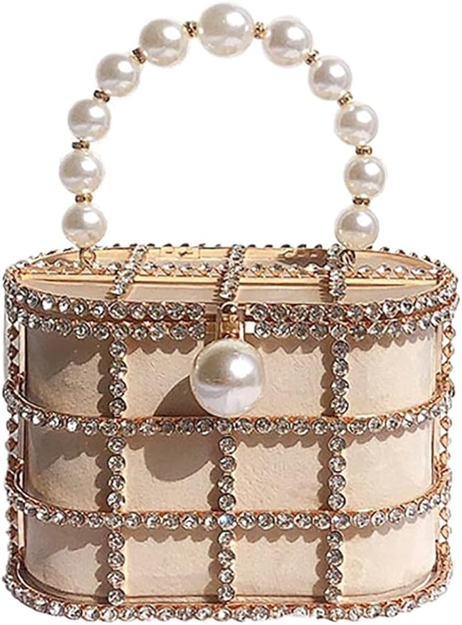 Women Evening Handbag Sparkly Metal Clutch Purses Pearl Top Handle Bucket Bag for Wedding Party P... | Amazon (US)
