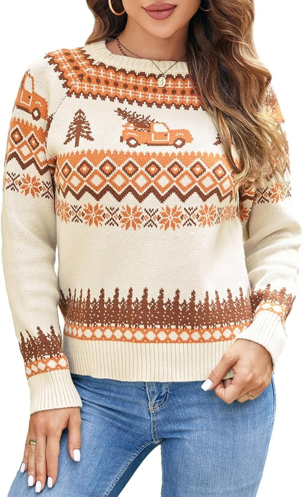 ZAFUL Women's Christmas Cedar Snowflake Trucks Patterns Knitted Sweater Long Sleeve Floral Printe... | Amazon (US)