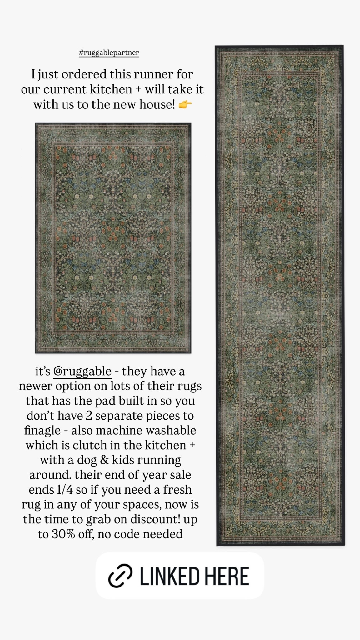 #ruggablepartner  I just ordered this runner for our current kitchen + will take it with us to the new house! 👉 it’s @ruggable - they have a newer option on lots of their rugs that has the pad built in so you don’t have 2 separate pieces to finagle - also machine washable which is clutch in the kitchen + with a dog & kids running around. their end of year sale ends 1/4 so if you need a fresh rug in any of your spaces, now is the time to grab on discount! up to 30% off, no code needed

#LTKmomlife #LTKHome