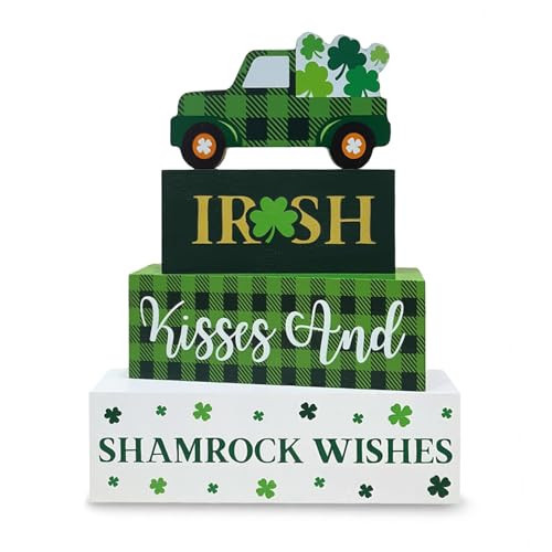 St. Patrick's Day Decorations, 4 Pcs Wooden St. Patrick's Day Table Decorations, Shamrock Truck Tiered Tray Decor, Wooden Table Sign for Desk Shelf Mantel Centerpiece, Indoor Home Decor | Amazon (US)