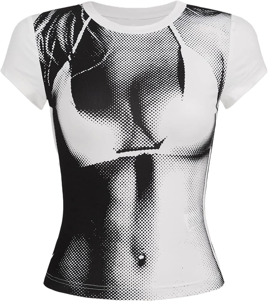 Women's 3D Body Print Crop Tops - Y2k Clothes Graphic Tee Aesthetic Sexy Long Short Sleeve Crew N... | Amazon (US)