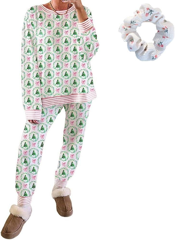 Christmas Trees and Bows Pajama Set, Women Casual Cute Christmas Pajamas Party Loungewear, Long-S... | Amazon (US)