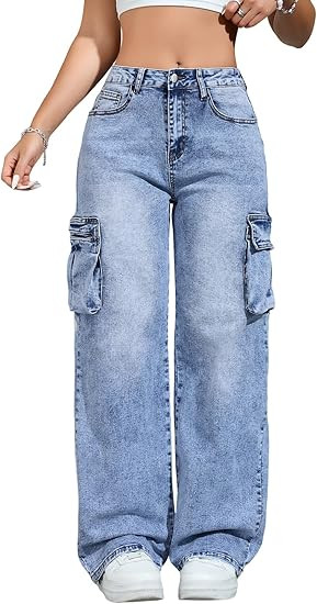 Women Jeans - Cargo Jeans for Women with 6 Pockets, High Waisted Straight Wide Leg Jean, Casual B... | Amazon (US)