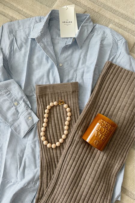 Sezane spring order🤍 the comfiest knit pants, staple button down shirt, neutral statement necklace, and woodsy candle for home decor! 

#LTKSeasonal #LTKStyleTip #LTKHome