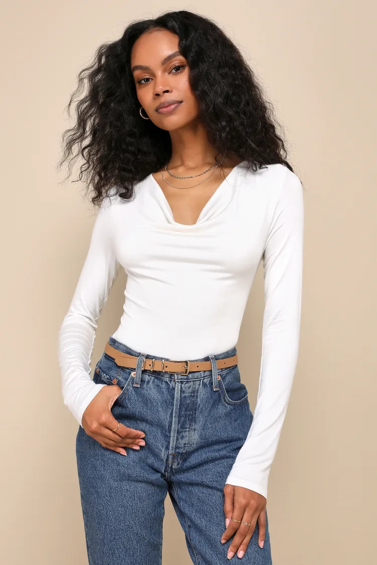 Undeniable Class Ivory Cowl Neck Long Sleeve Bodysuit | Lulus