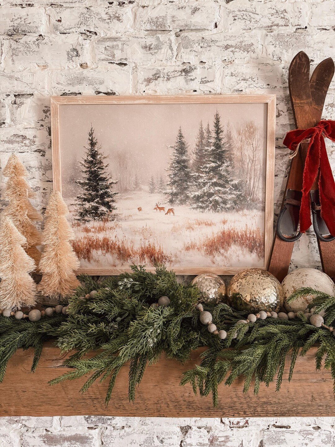 Snowy Forest With Deer Print Vintage Home Decor, Handmade Farmhouse Vintage Winter Artwork, Chris... | Etsy (US)