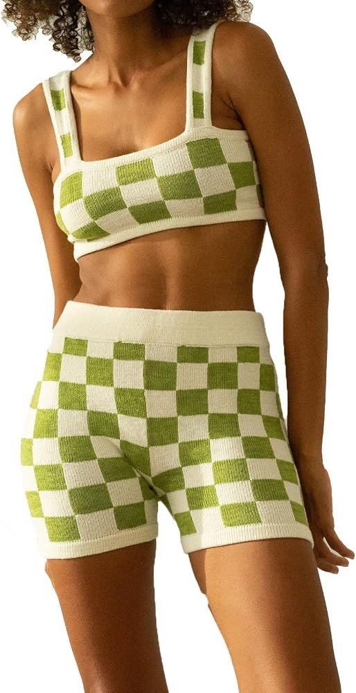 Women Two Pieces Knitted Shorts Set Printing Strap Crop Top Cami Tops High Waist Shorts Outfits P... | Amazon (US)