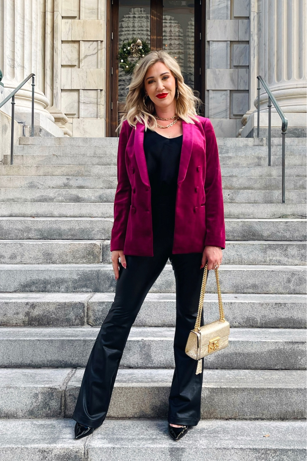 These faux leather flares 🙌🏻🙌🏻🙌🏻🙌🏻 absolutely insane they are so good! The fit & shape it gives the body! And so comfortable and not hot. Wearing a medium 

This velvet blazer is everything!! The color and fit are perfection! It runs more oversized. I wanted a more fitted look, I sized down to a small  

💋 lip shade is Comin in Hot