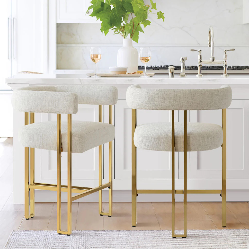 Mia 24" Modern Gold Chenille Counter Stool with Arms (Set of 2) | Pop Maison
