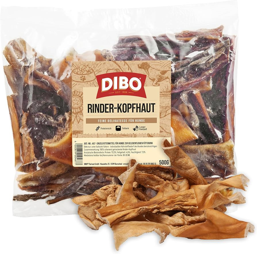 DIBO Rinderkopfhaut, 500g-Beutel, Naturkau-Snack oder Leckerli f\u00fcr Zwischendurch, Hundefutte... | Amazon (DE)