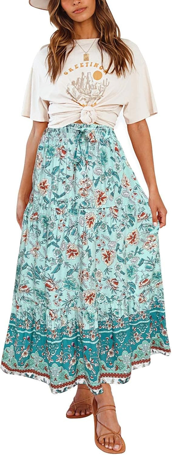 MEROKEETY Women's Boho Floral Print Elastic High Waist Pleated A Line Midi Skirt with Pockets | Amazon (US)