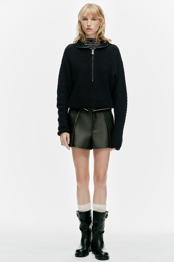 Zara - Faux Leather Pleated Shorts - Dark Green - Xs - Woman | Zara US