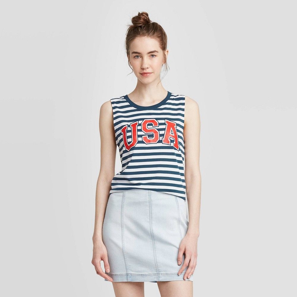 Women's USA Blue Striped Graphic Tank Top - White M, Women's, Size: Medium | Target